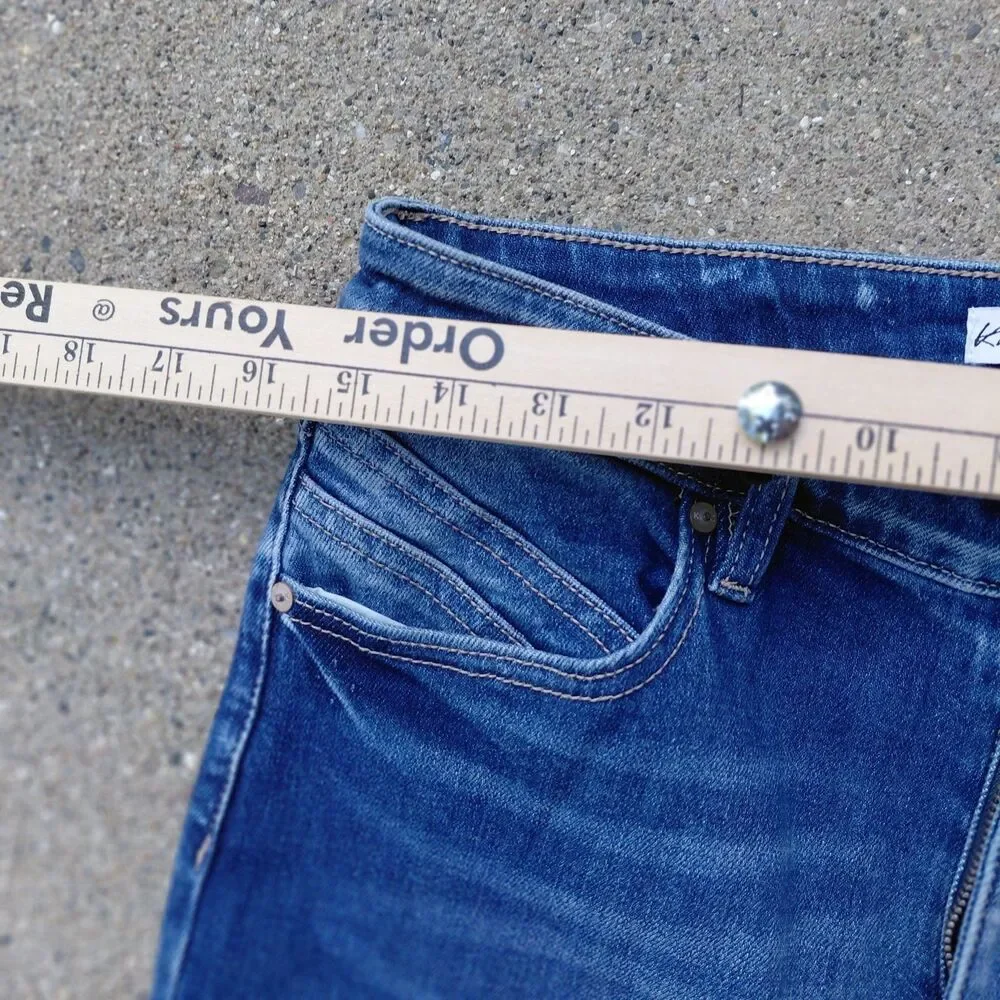KanCan Bell Bottom Jeans Womens 30 Blue Denim Back Seam Split Hem Frayed